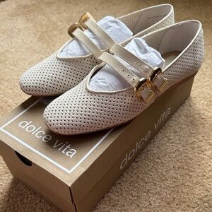 Dolce Vita Perforated Cream Flats with Gold Accents